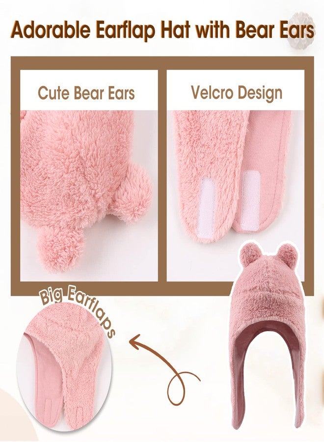 Peecabe Fleece Baby Hat Scarf Mitten Set Winter Toddler Beanie Warm Mittens Infant Scarves Ears Earflap Hats for Baby Boys Girls (Pink, M) - Image 4